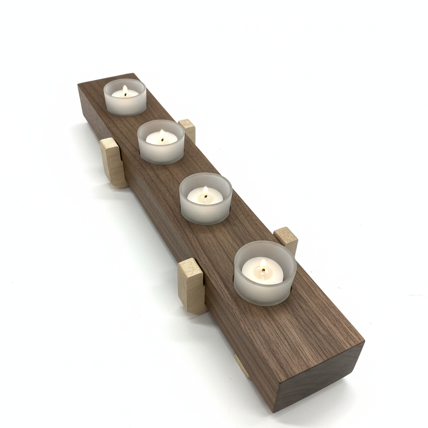 End view of handmade walnut and maple tea light candle holder showing design and riser height