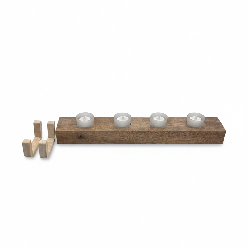 Handmade walnut and maple tea light holder with removable maple risers shown detached beside the walnut base