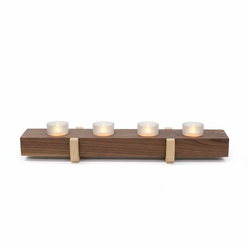Handmade walnut and maple wooden tea light holder with four frosted glass tea lights on risers – front view