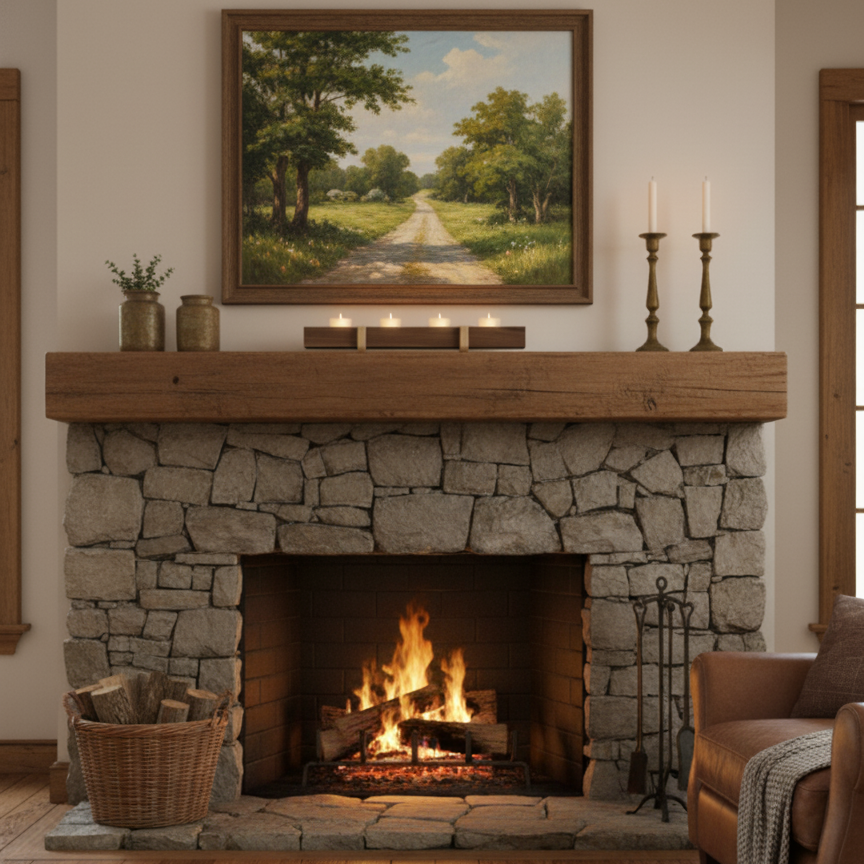handmade walnut and maple tea light candle holder showing it displayed on a fireplace mantle