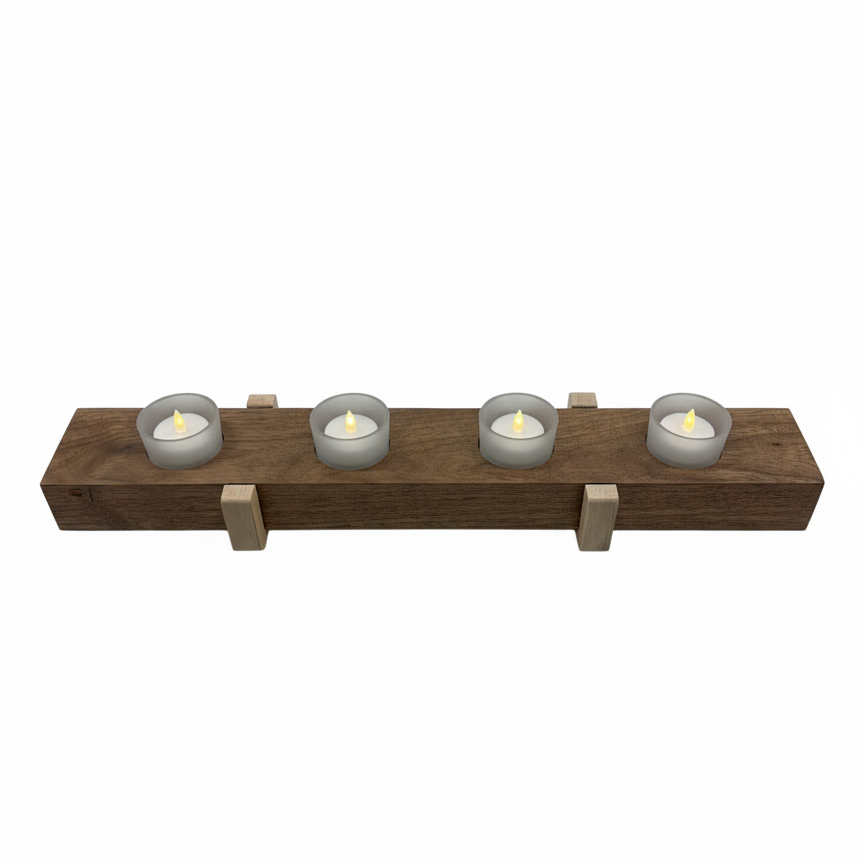 Top view of handmade wooden tea light holder showing walnut base, maple risers, and four frosted glass candles