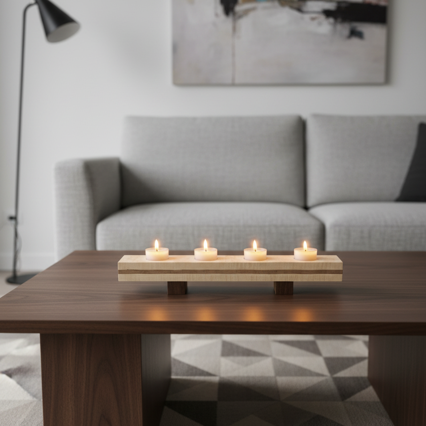 handmade maple and walnut stripe  tea light candle holder showing it displayed on a dark wood coffee table