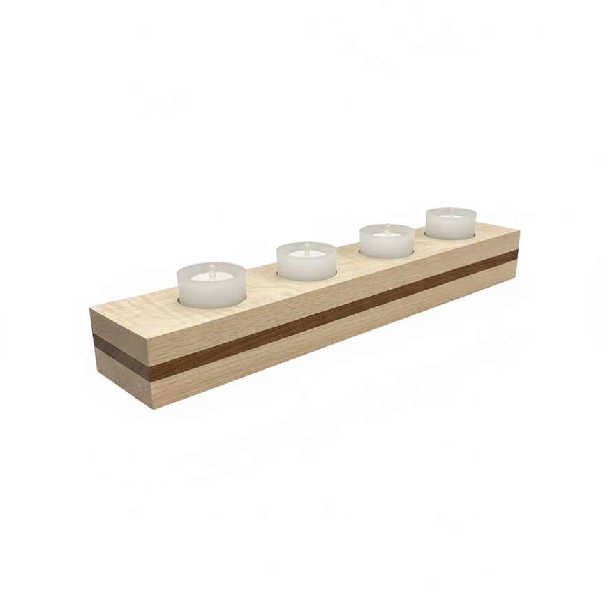 End view of handmade maple and walnut tea light candle holder showing design and riser height