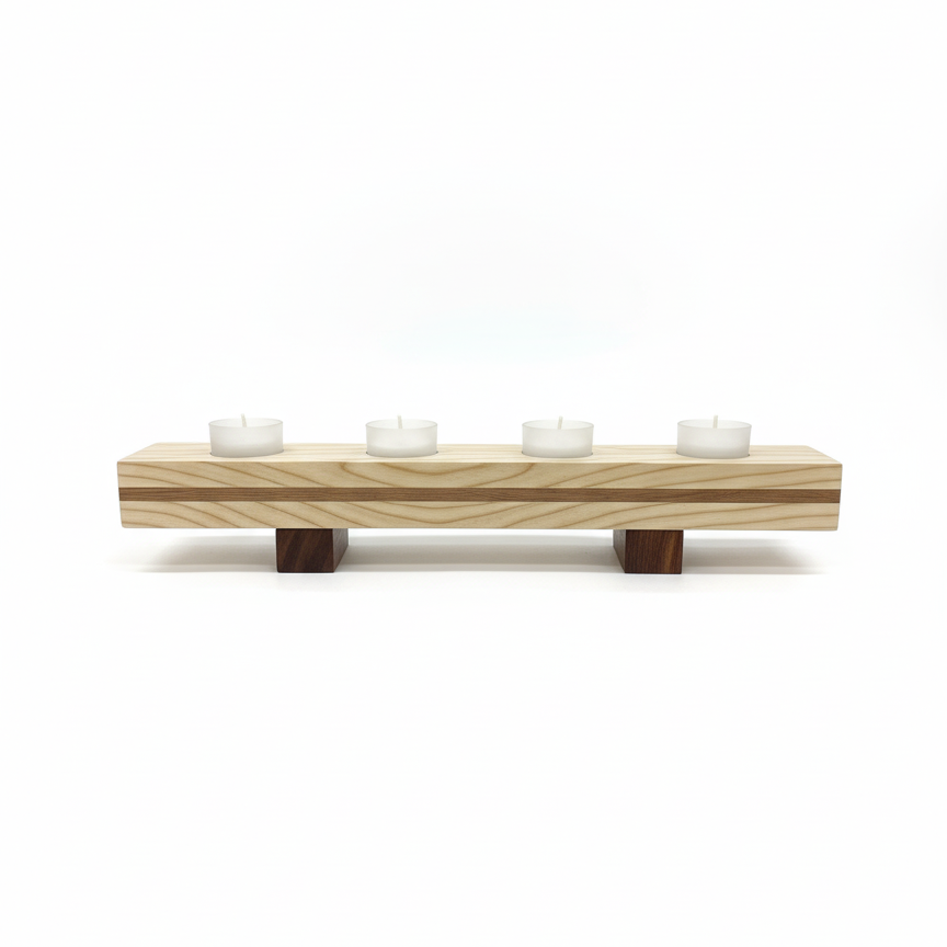 Handmade maple and walnut wooden tea light holder with four frosted glass tea lights on risers – front view
