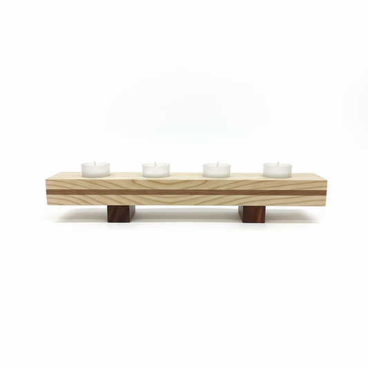 Handmade maple and walnut wooden tea light holder with four frosted glass tea lights on risers – front view
