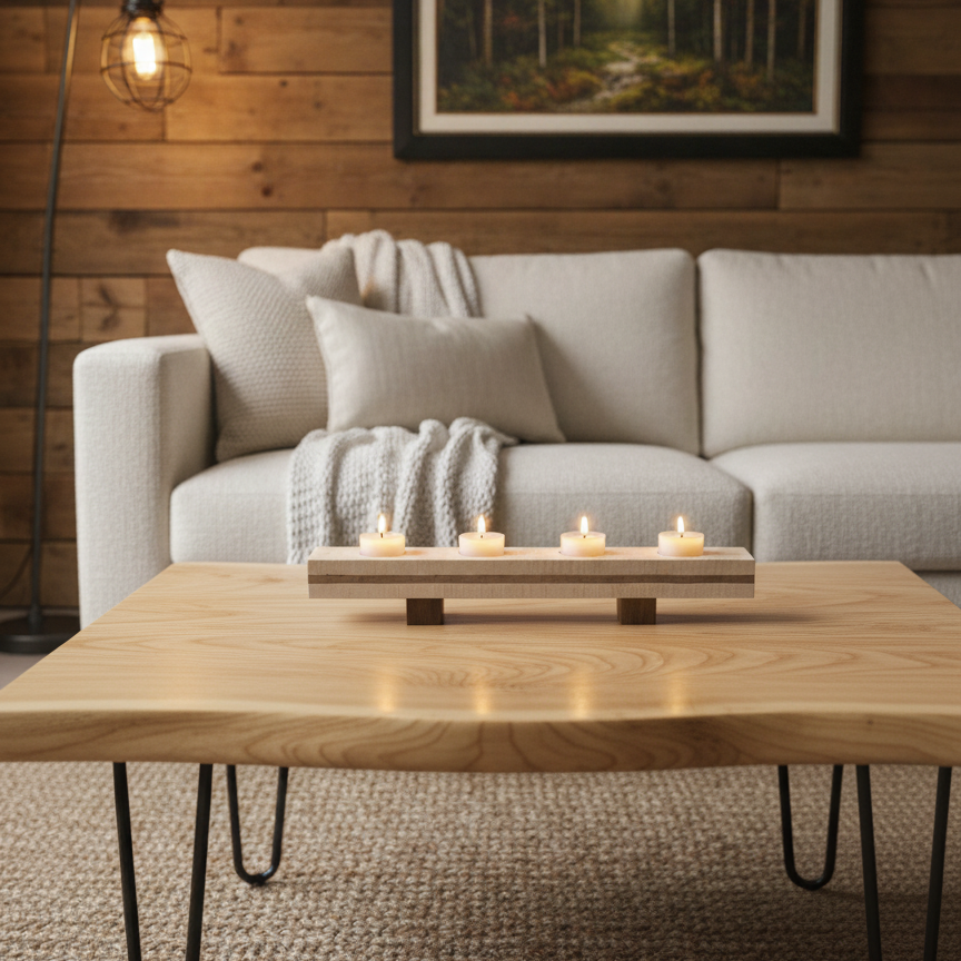 handmade maple and walnut stripe tea light candle holder showing it displayed on a light wood coffee table.