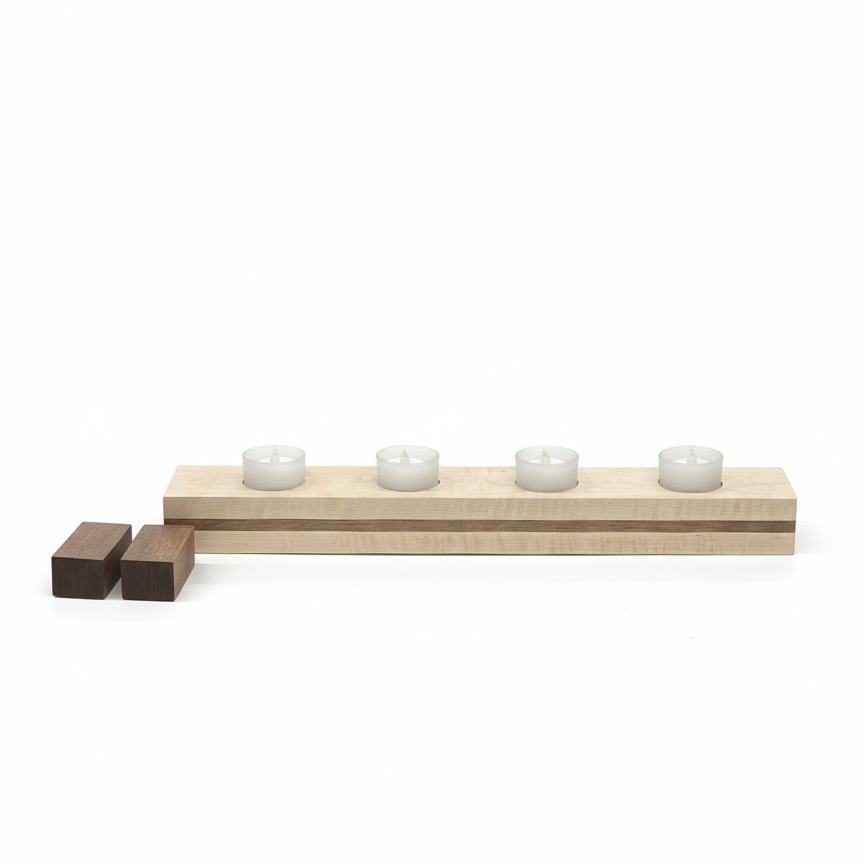 Handmade maple and walnut tea light holder with removable walnut risers shown detached beside the maple and walnut base